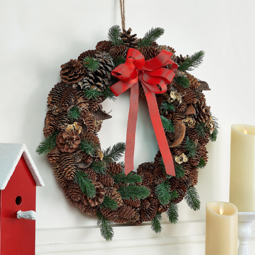 Now Only $23.99 (Reg $52) for the 18" Pinecone & Greenery Wreath with Red Bow - at Personalized & Monogram 