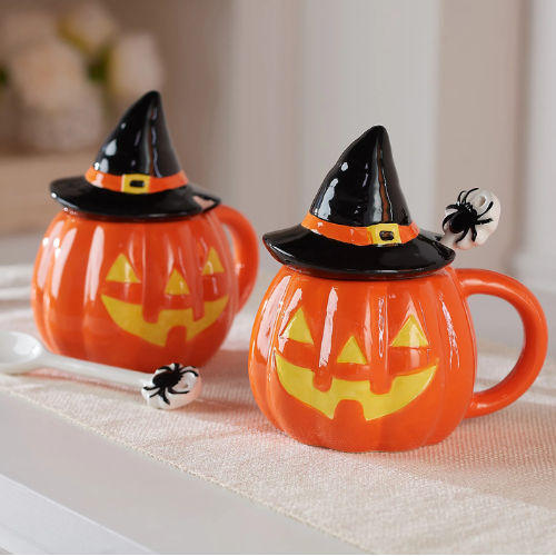 60% off Mr. Halloween Set of 2 Ceramic Mugs w/ Lids & Spoons + Free Shipping Offer QVC - at Grocery 